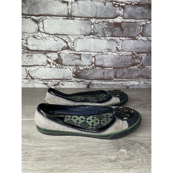 Tory Burch Channing Black Patent Leather Green Gray Canvas Ballet Flats Women 7M - Picture 1 of 16